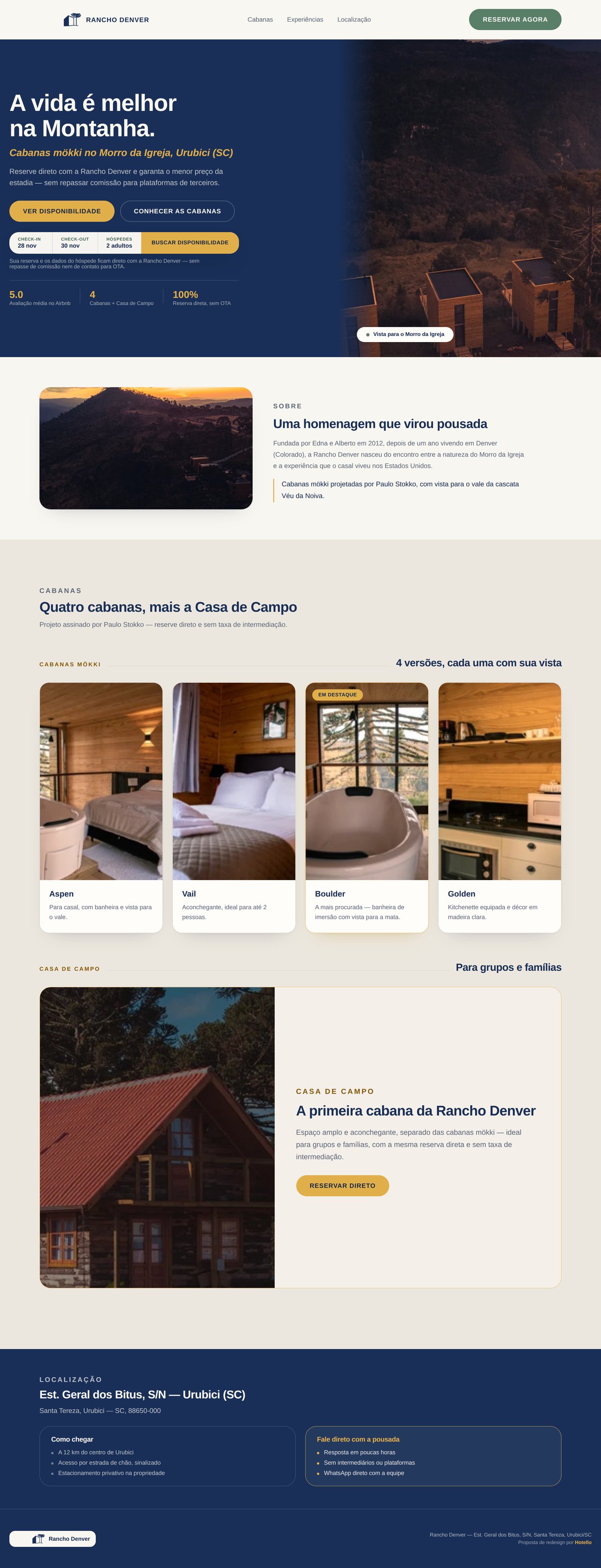 Proposta de redesign da Hotello para a home da Rancho Denver